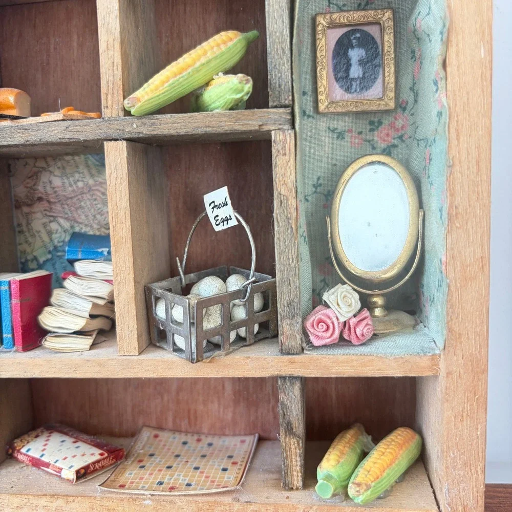 Vintage Wooden Shadow Box Miniature Country Kitchen Diorama Wall Hanging 8.5x7in